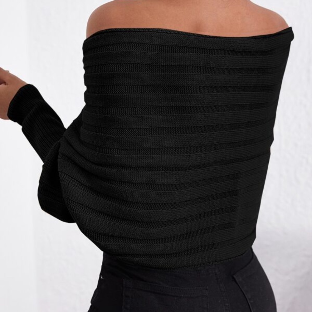 Black Off Shoulder Chunky Knit Overlap Wrap Sweater Top - Picture 9 of 10